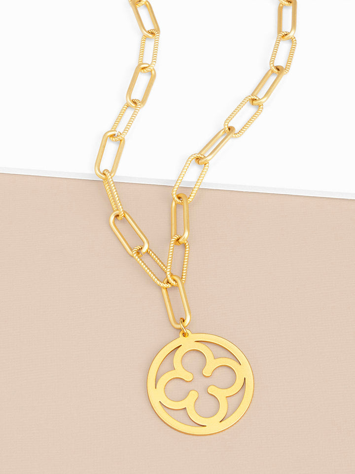 CIRCLE CLOVER PENDANT LINK NECKLACE - MATTE GOLD