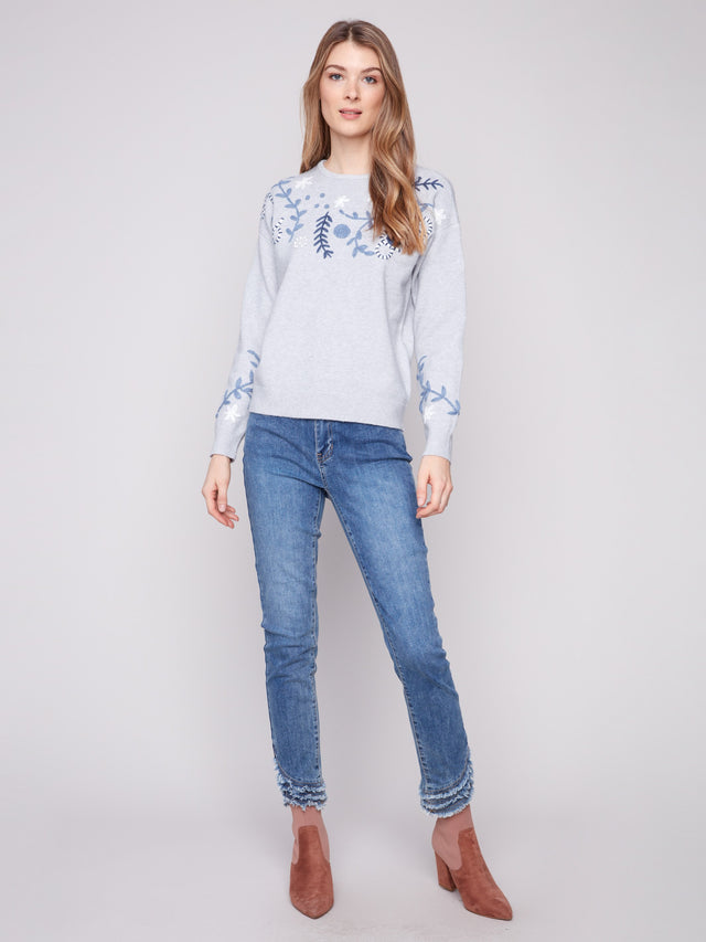 EMBROIDERED CREW NECK SWEATER - GREY