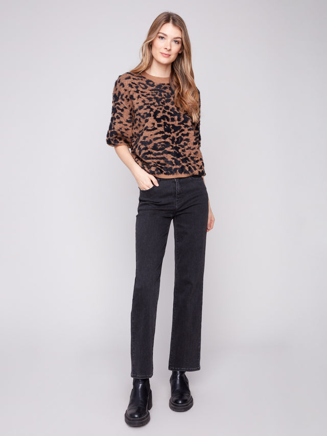 HAIRY JACQUARD KNIT ELBOW SLEEVE BALLOON SWEATER - LEOPARD