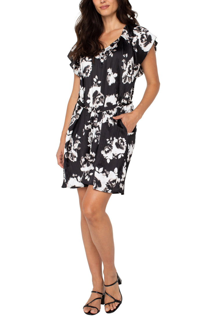 FLUTTER SLEEVE RAGLAN WOVEN DRESS - BLACK/WHITE FLORAL
