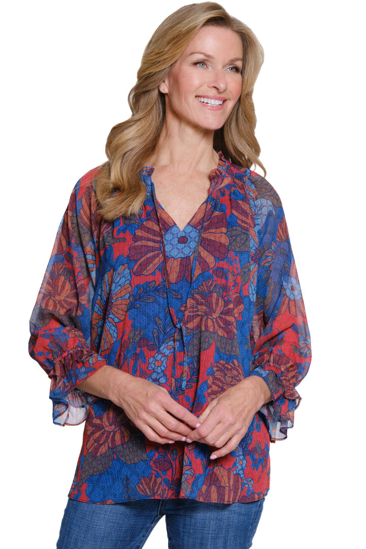 FLOUNCE RAGLAN 3/4 SLEEVE TIE FRONT TOP - NAVY/RED ABSTRACT FLORAL