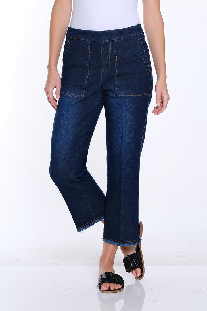 PULL ON ELASTIC WAIST FRINGE HEM CROP PANTS - MIDNIGHT INDIGO