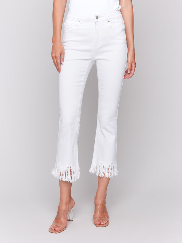 CROPPED JEANS W/FRINGED HEM - WHITE