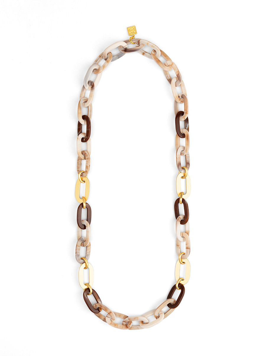 MARBLED RESIN & MATTE GOLD LINK LONG NECKLACE - BEIGE