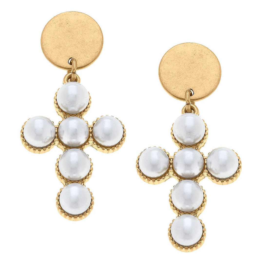 Elisha Pearl Cross Drop Earrings in Worn Gold
