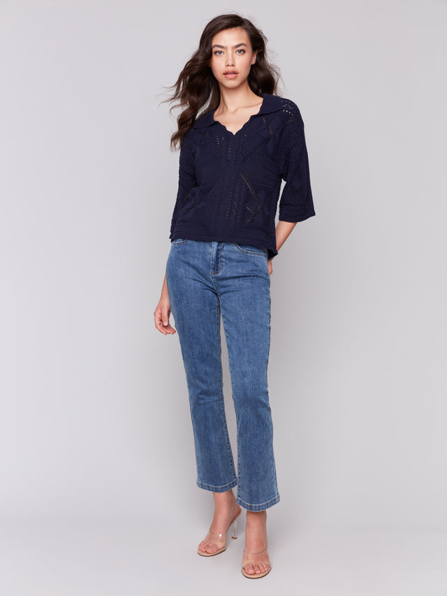3/4 SLEEVE POINTELLE SWEATER - NAVY MARINE