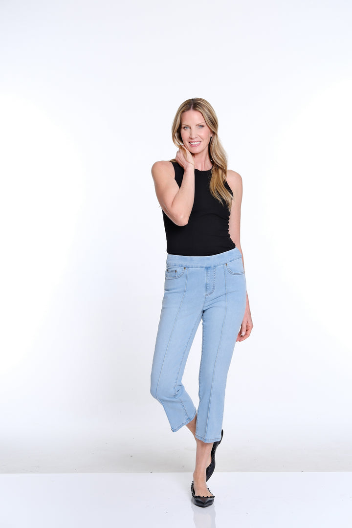 PULL ON PINTUCK FLARE LET CROP JEANS - LIGHT INDIGO