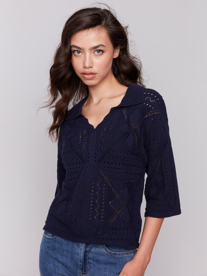 3/4 SLEEVE POINTELLE SWEATER - NAVY MARINE