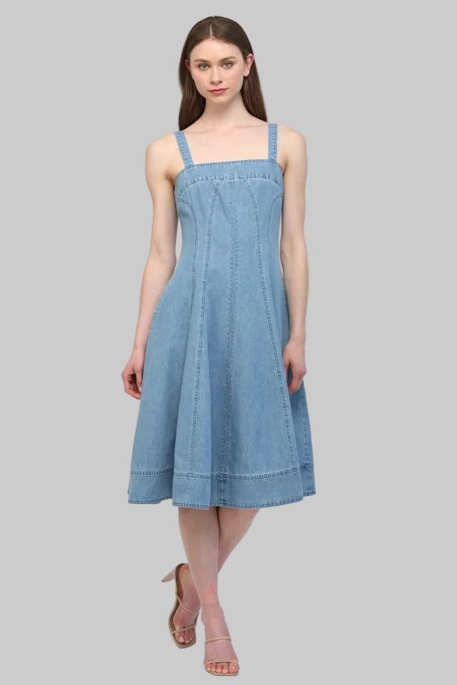 WIDE SHOULDER STRAP FIT & FLARE DENIM DRESS