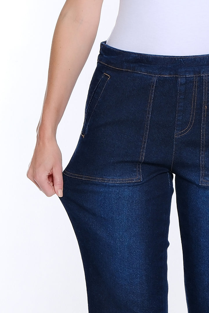 PULL ON ELASTIC WAIST FRINGE HEM CROP PANTS - MIDNIGHT INDIGO