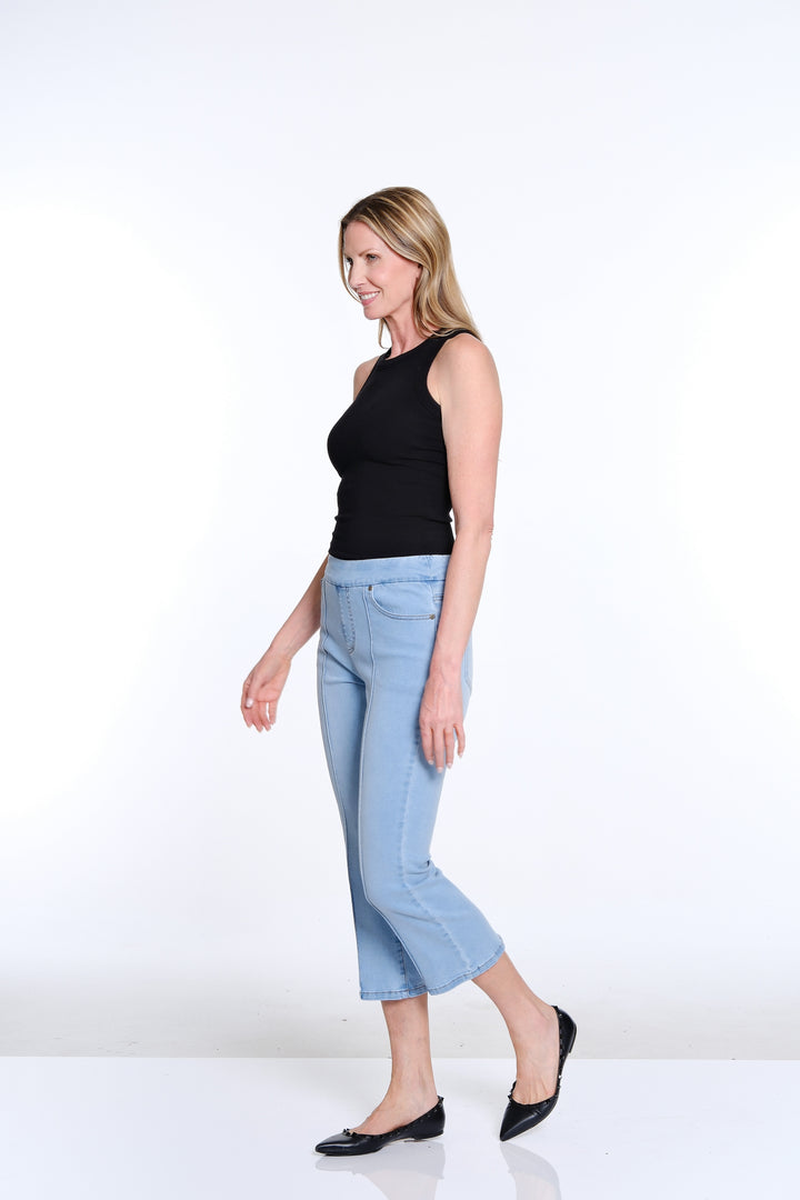 PULL ON PINTUCK FLARE LET CROP JEANS - LIGHT INDIGO