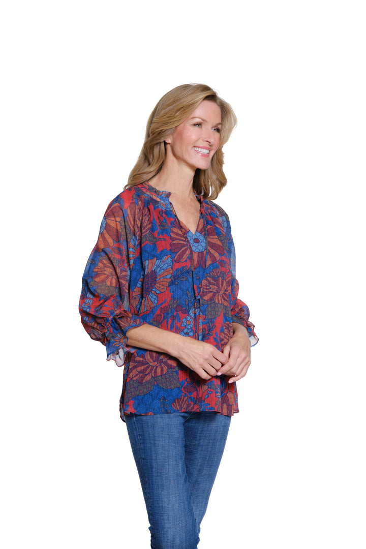 FLOUNCE RAGLAN 3/4 SLEEVE TIE FRONT TOP - NAVY/RED ABSTRACT FLORAL