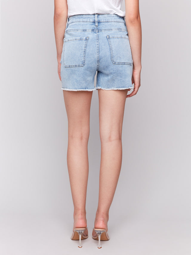 EMBELLISHED STRETCH DENIM SHORTS - LIGHT BLUE