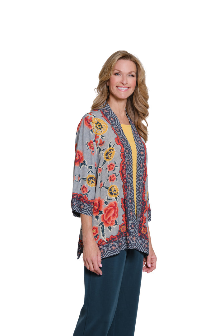 3/4 SLEEVE BANDED OPEN FRONT JACKET - GREY/CORAL/YELLOW FLORAL