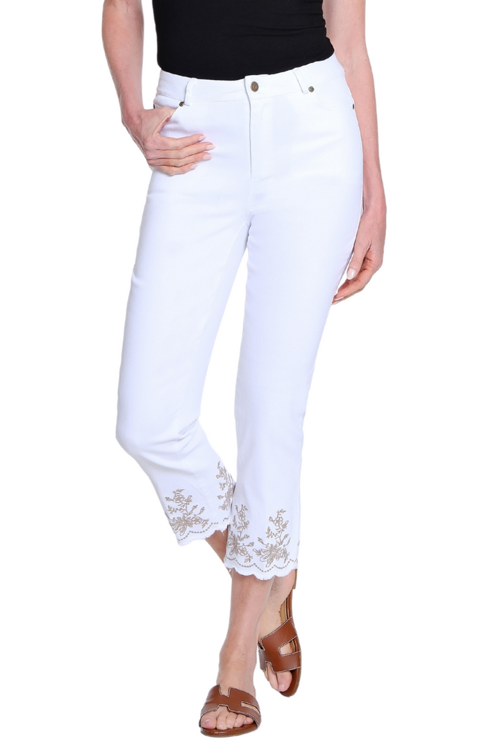 ZIP FRONT FRINGE HEM CROP JEAN W/EMBROIDERY - WHITE