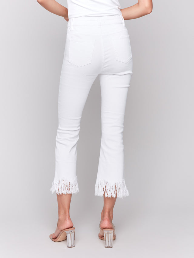 CROPPED JEANS W/FRINGED HEM - WHITE
