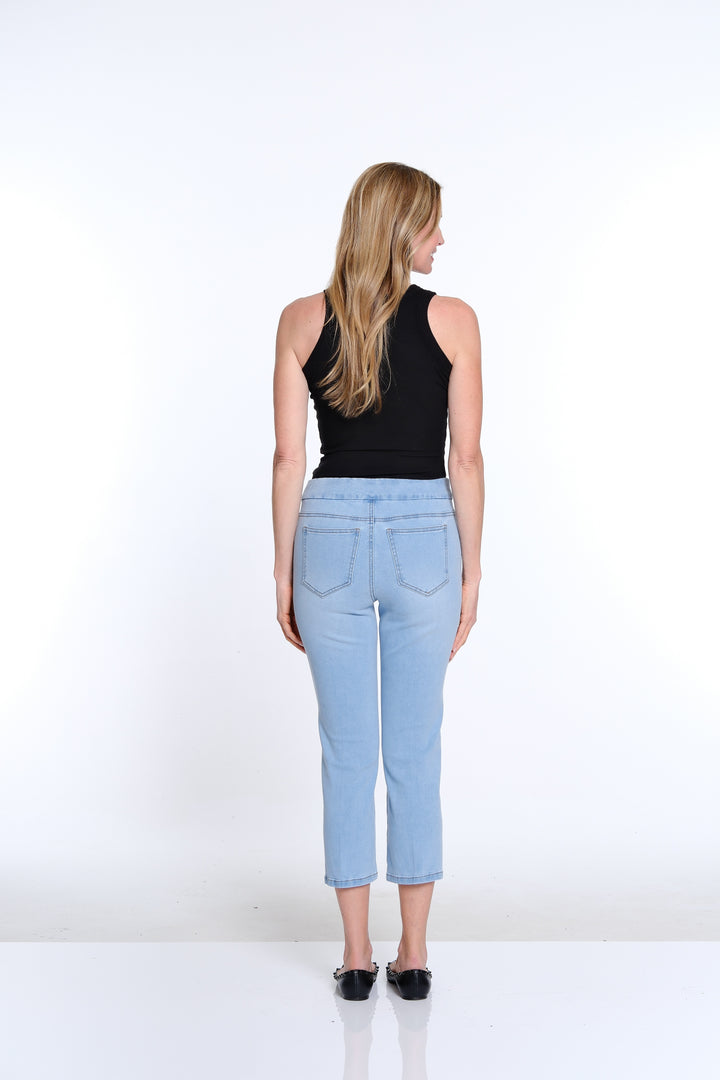 PULL ON PINTUCK FLARE LET CROP JEANS - LIGHT INDIGO