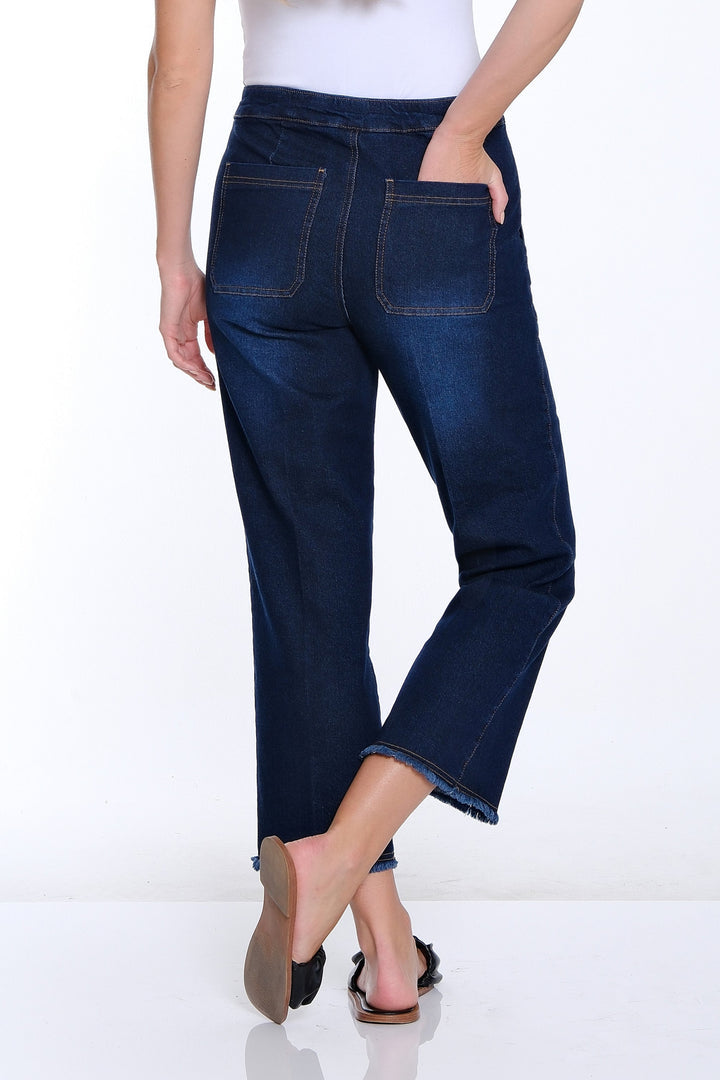 PULL ON ELASTIC WAIST FRINGE HEM CROP PANTS - MIDNIGHT INDIGO