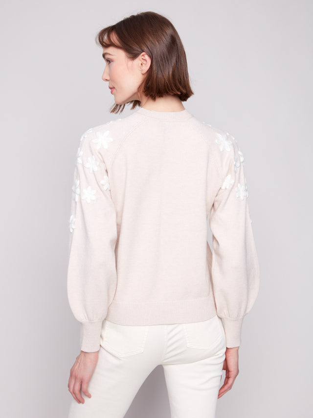 CREW NECK SWEATER W/EMBROIDERED DETAILS - OAT