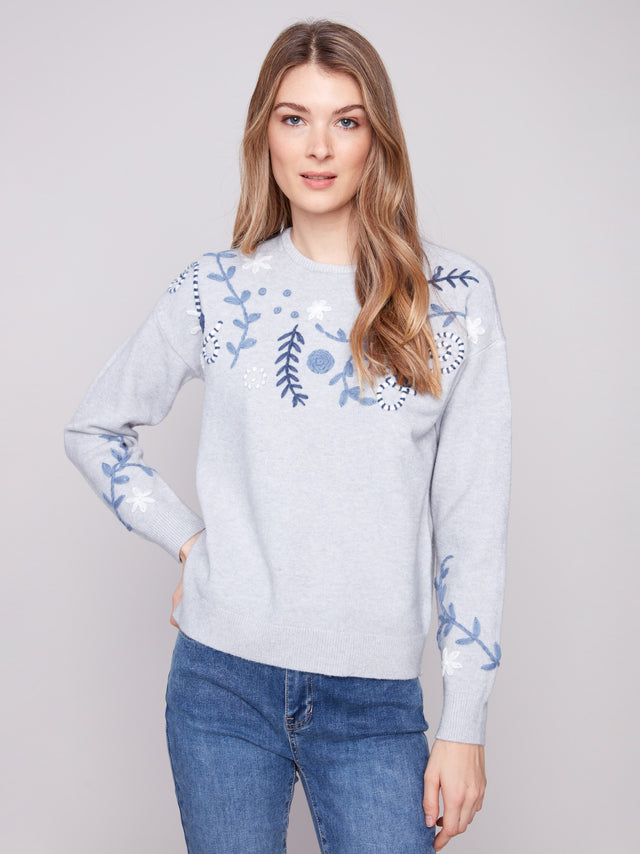 EMBROIDERED CREW NECK SWEATER - GREY