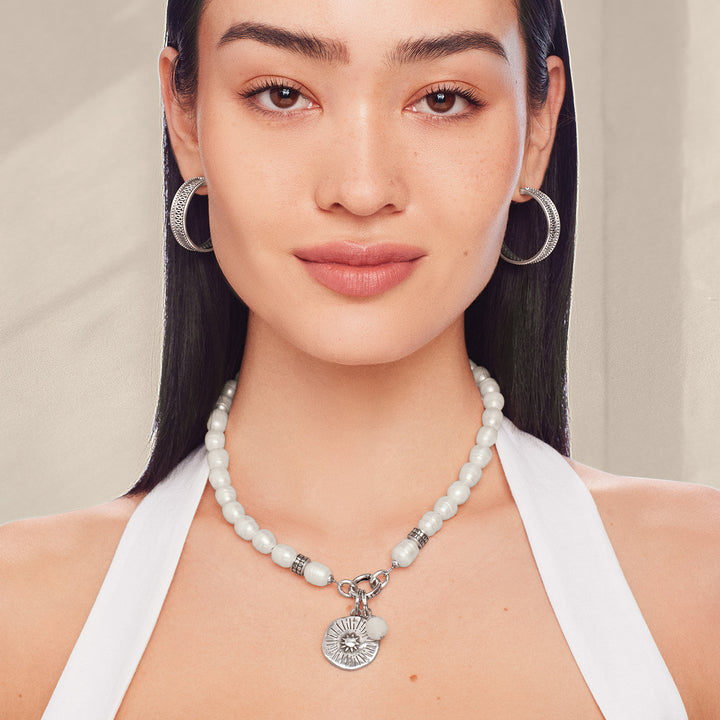 Token Charm Pearl Necklace - Silver-Pearl