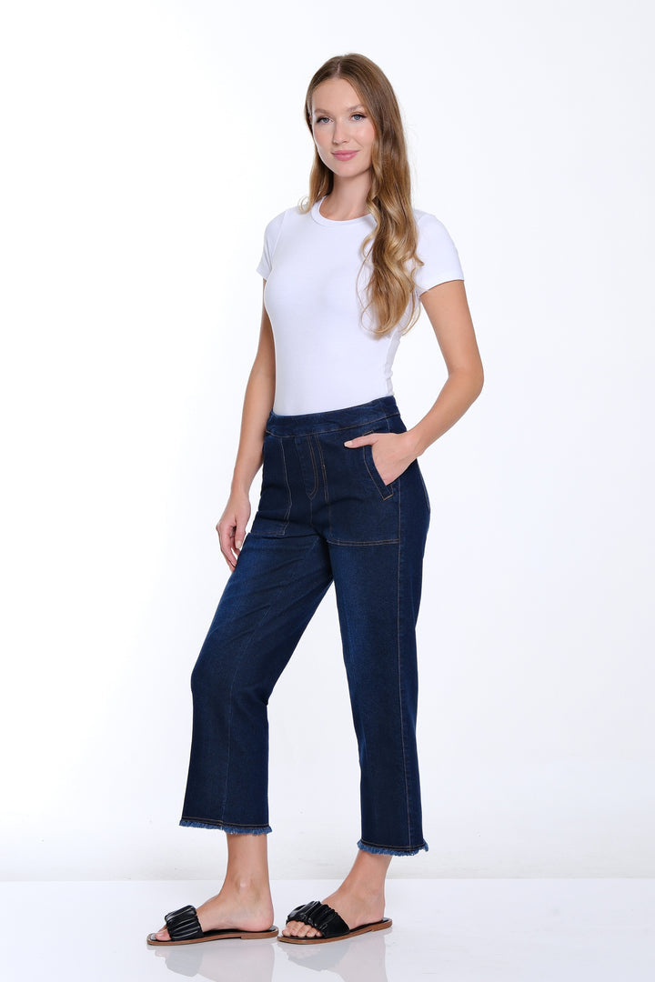 PULL ON ELASTIC WAIST FRINGE HEM CROP PANTS - MIDNIGHT INDIGO