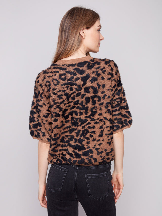 HAIRY JACQUARD KNIT ELBOW SLEEVE BALLOON SWEATER - LEOPARD