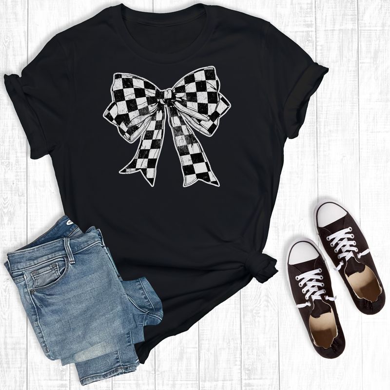 SHORT SLEEVE CHECKERED COQUETTE BOW SHIRT - BLACK