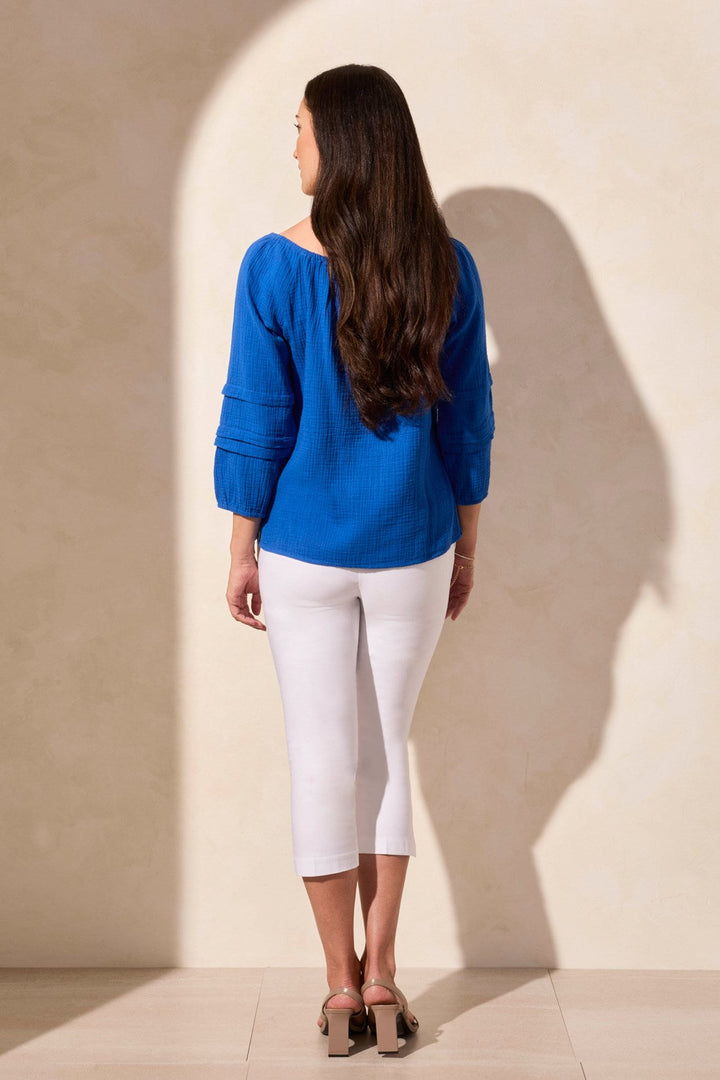 ON/OFF SHOULDER BLOUSE W/SLEEVE DETAIL - CALYPSO BLUE