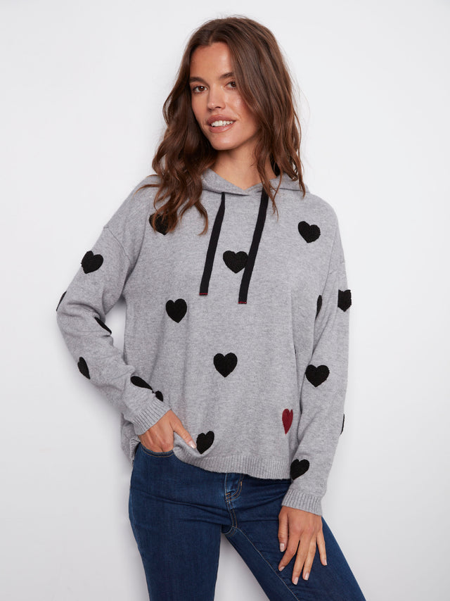 NEEDLE PUNCH HEART BOUCLE HOODIE - GREY