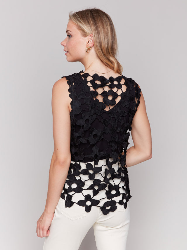 CROCHET SLEEVELESS CREW NECK TOP - BLACK