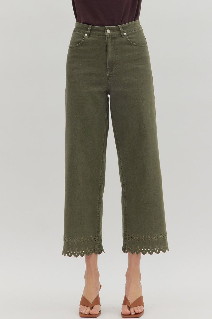 EMBROIDERED HEM ANKLE JEANS - OLIVE
