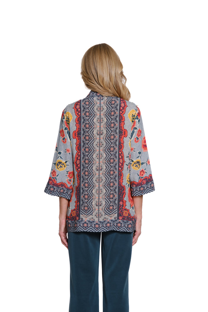 3/4 SLEEVE BANDED OPEN FRONT JACKET - GREY/CORAL/YELLOW FLORAL