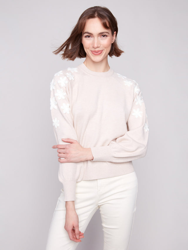 CREW NECK SWEATER W/EMBROIDERED DETAILS - OAT