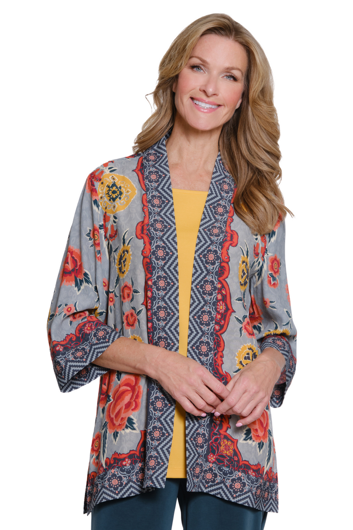 3/4 SLEEVE BANDED OPEN FRONT JACKET - GREY/CORAL/YELLOW FLORAL