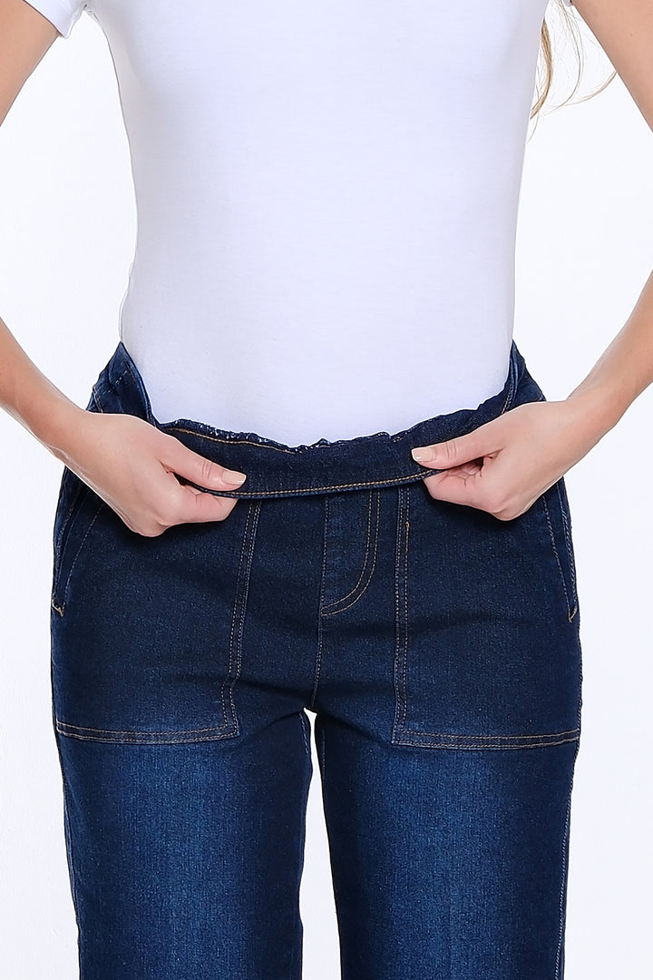 PULL ON ELASTIC WAIST FRINGE HEM CROP PANTS - MIDNIGHT INDIGO