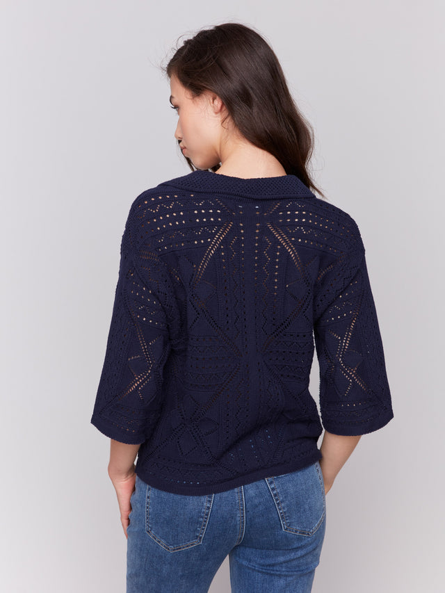 3/4 SLEEVE POINTELLE SWEATER - NAVY MARINE
