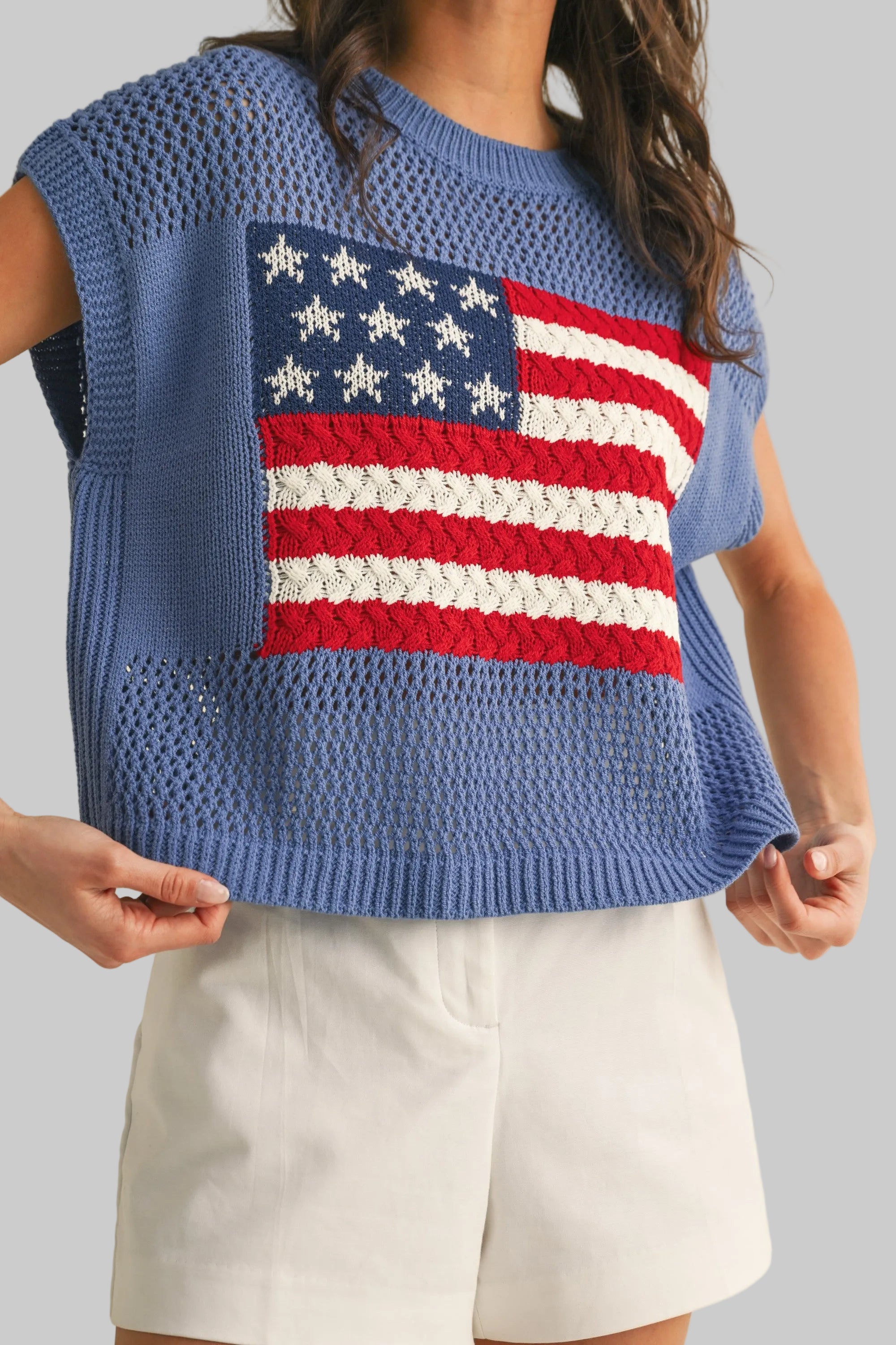 ANNIE AMERICAN FLAG CROCHET SWEATER - BLUE – Brianne's Boutique ANNIE AMERICAN FLAG CROCHET SWEATER - BLUE – Brianne's Boutique