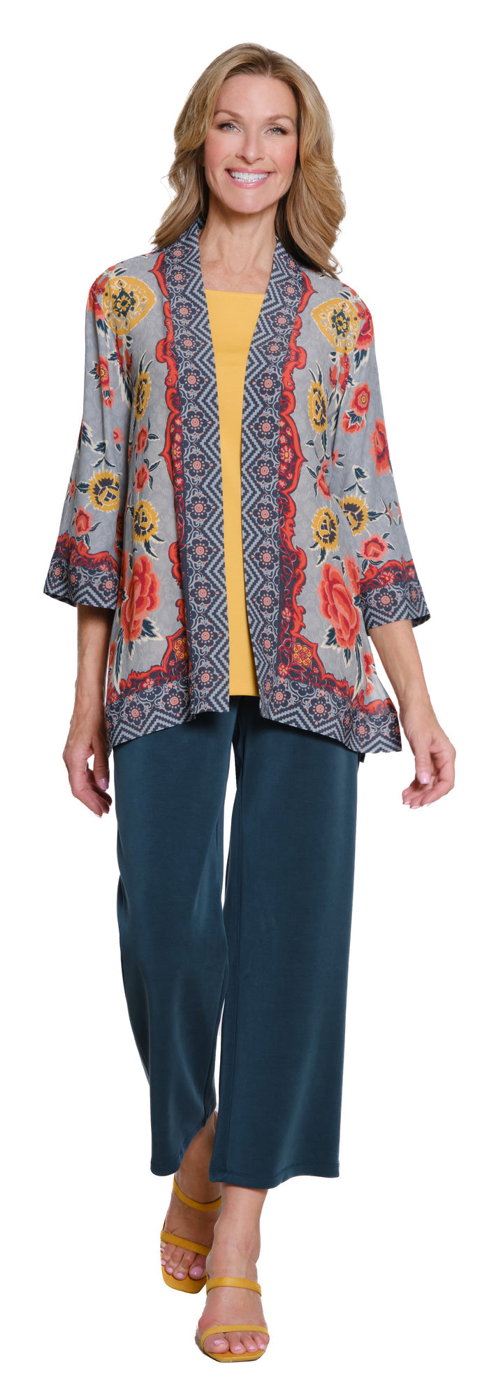 3/4 SLEEVE BANDED OPEN FRONT JACKET - GREY/CORAL/YELLOW FLORAL