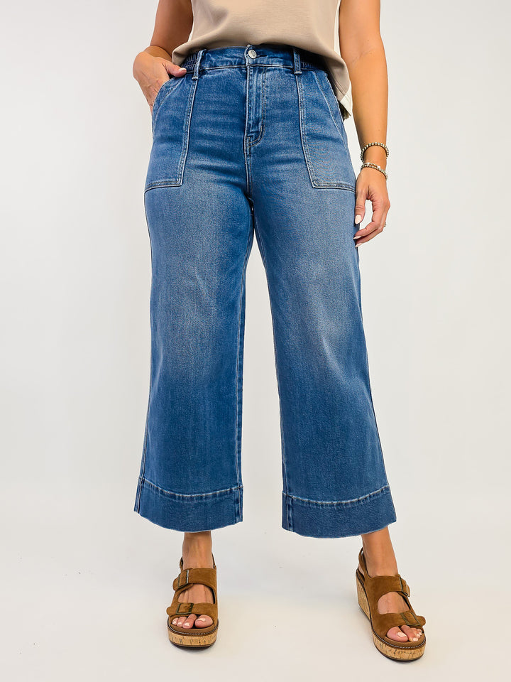 LOVERVET HIGH RISE ELASTIC WAISTBAND WIDE LEG JEANS - FIORELLA - 27" INSEAM