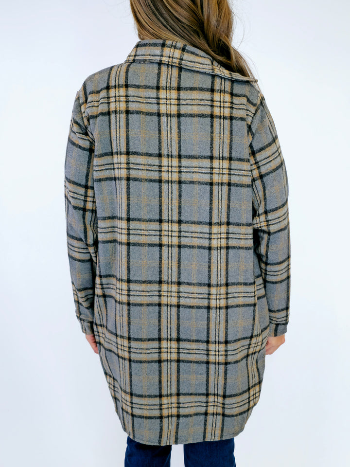 LONG SLEEVE DUSTER FLANNEL SHACKET  - GREY