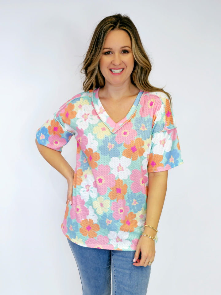 VNECK DOLMAN SHORT SLEEVE SQUARE PRINTED TOP - LAVENDER