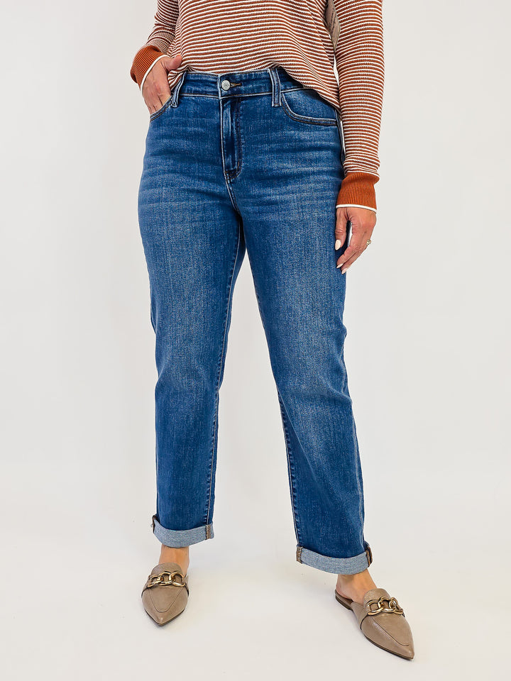 JUDY BLUE MID RISE BOYFRIEND CLASSIC CUFFED JEANS - MEDIUM WASH - 28" INSEAM