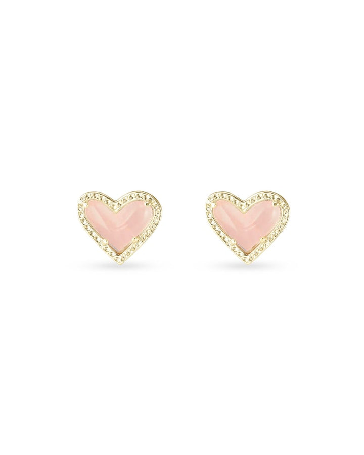 KENDRA SCOTT ARI HEART STUD EARRINGS - GOLD ROSE QUARTZ