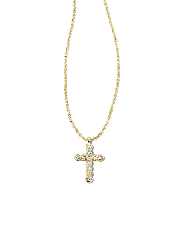 KENDRA SCOTT CROSS CRYSTAL PENDANT NECKLACE - GOLD WHITE CRYSTALS