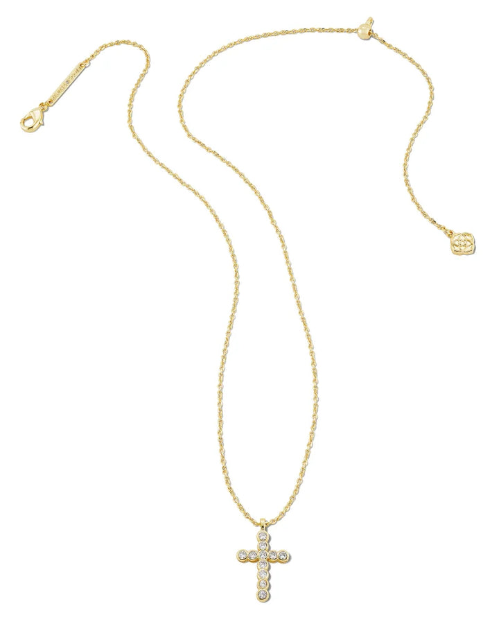KENDRA SCOTT CROSS CRYSTAL PENDANT NECKLACE - GOLD WHITE CRYSTALS