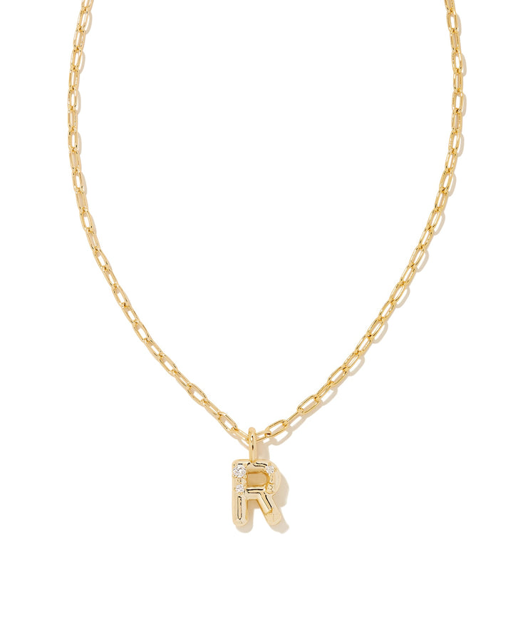 CRYSTAL LETTER R SHORT PENDANT NECKLACE - GOLD WHITE CZ