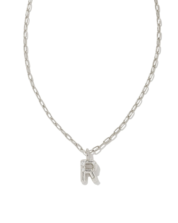 KENDRA SCOTT CRYSTAL LETTER R SHORT PENDANT INITIAL NECKLACE - RHODIUM WHITE CZ