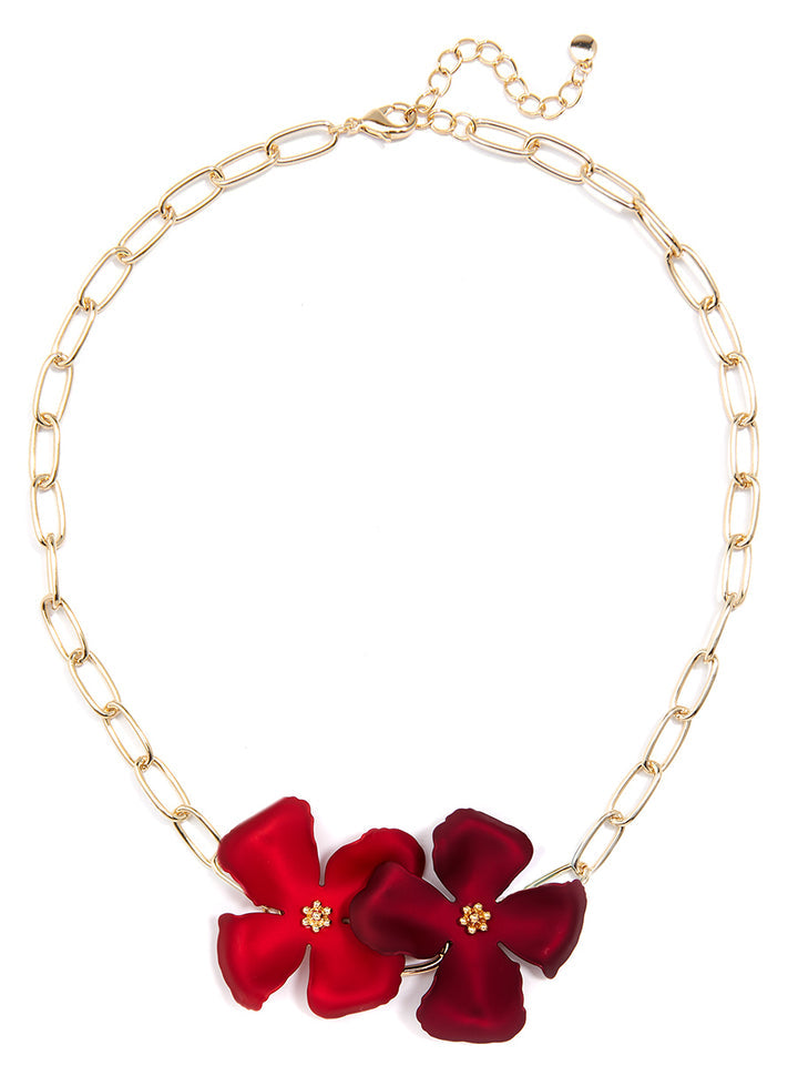 GOLD PLATED CHAIN COLLAR NECKLACE W/FLOWERS - RED