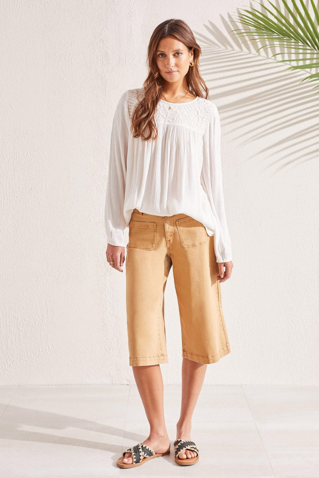 LONG SLEEVE BLOUSE W/EMBROIDERED YOKE - SAND DUST
